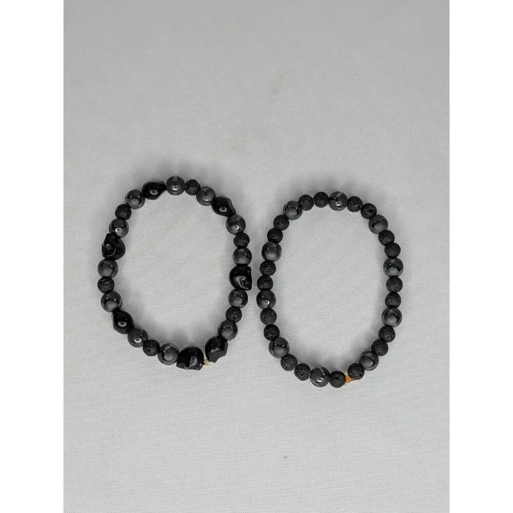 Black Lava Stone, Skull, & Hematite Stretch Bracelets